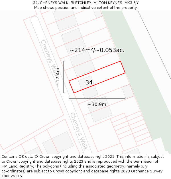 34, CHENEYS WALK, BLETCHLEY, MILTON KEYNES, MK3 6JY: Plot and title map