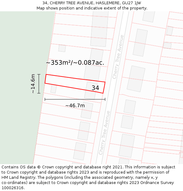 34, CHERRY TREE AVENUE, HASLEMERE, GU27 1JW: Plot and title map