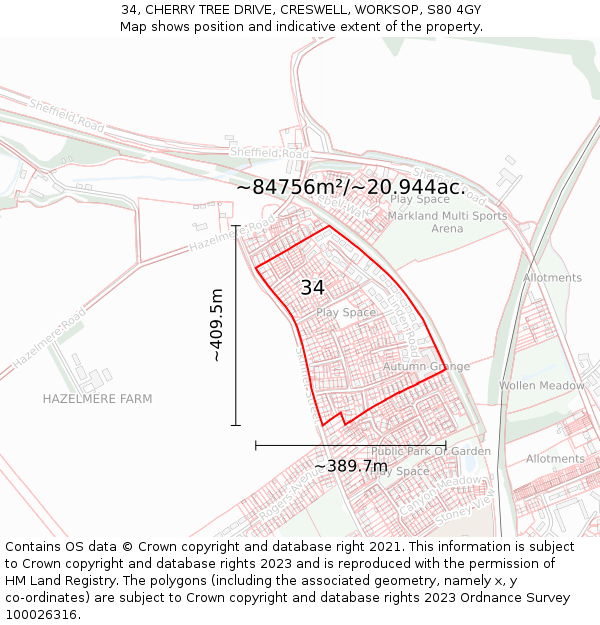 34, CHERRY TREE DRIVE, CRESWELL, WORKSOP, S80 4GY: Plot and title map