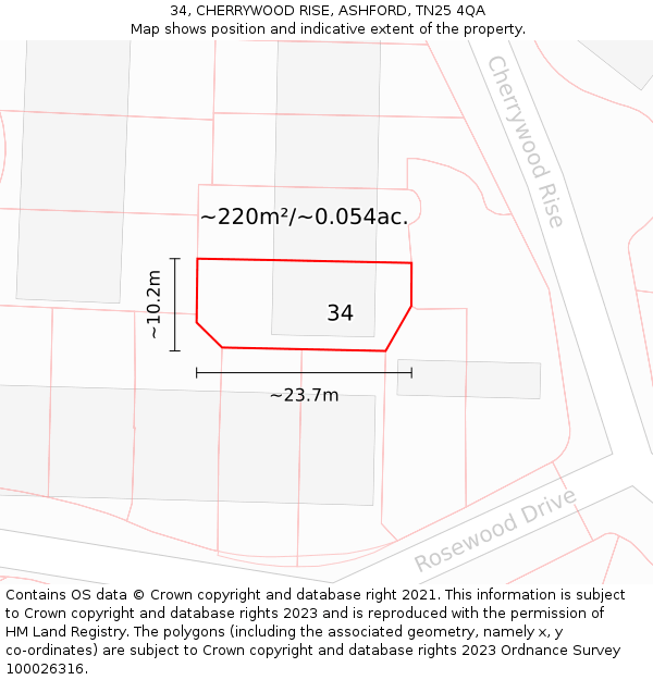 34, CHERRYWOOD RISE, ASHFORD, TN25 4QA: Plot and title map