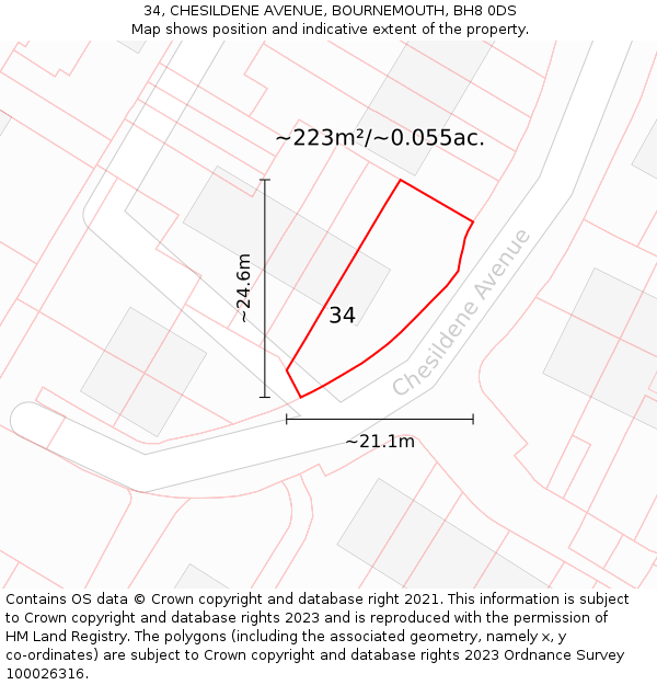 34, CHESILDENE AVENUE, BOURNEMOUTH, BH8 0DS: Plot and title map