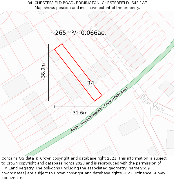 34, CHESTERFIELD ROAD, BRIMINGTON, CHESTERFIELD, S43 1AE: Plot and title map