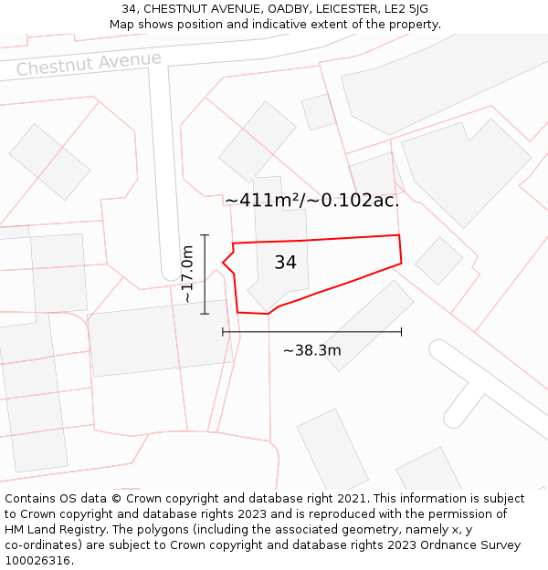 34, CHESTNUT AVENUE, OADBY, LEICESTER, LE2 5JG: Plot and title map