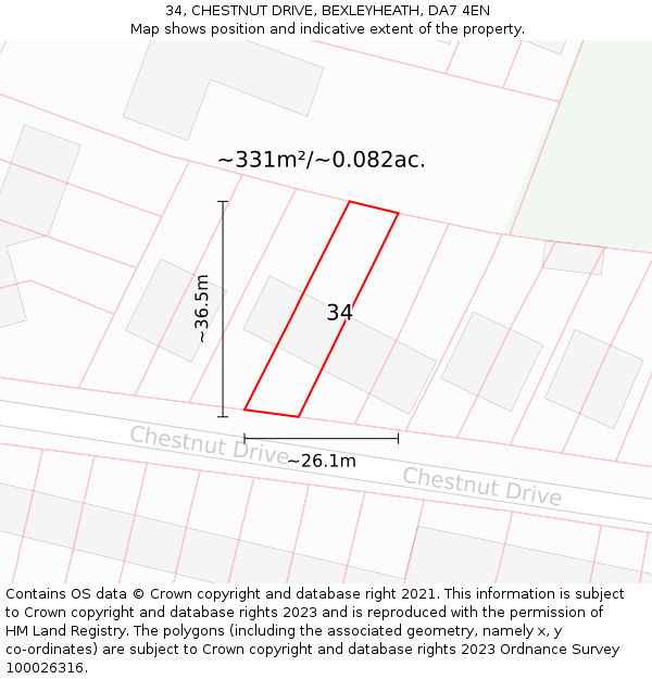 34, CHESTNUT DRIVE, BEXLEYHEATH, DA7 4EN: Plot and title map