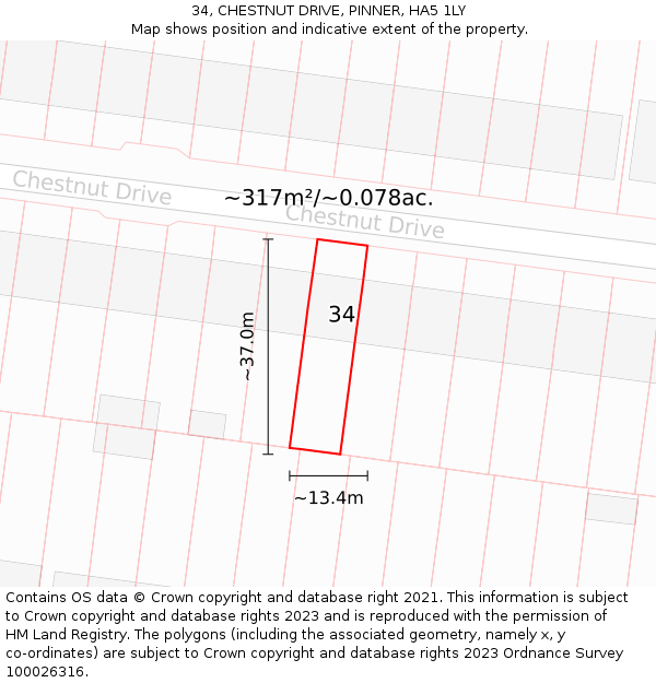 34, CHESTNUT DRIVE, PINNER, HA5 1LY: Plot and title map