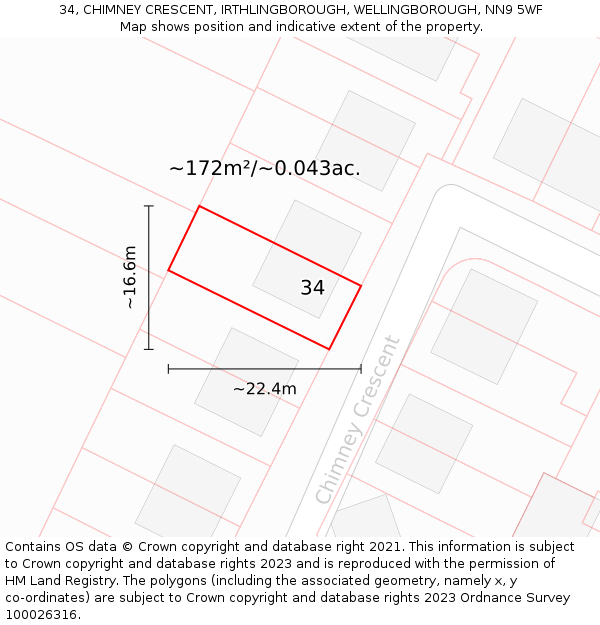 34, CHIMNEY CRESCENT, IRTHLINGBOROUGH, WELLINGBOROUGH, NN9 5WF: Plot and title map