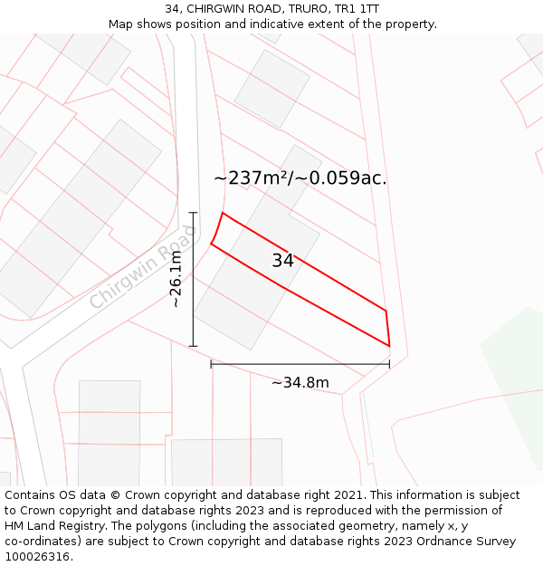 34, CHIRGWIN ROAD, TRURO, TR1 1TT: Plot and title map