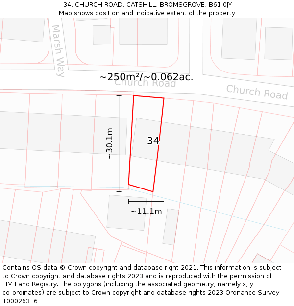 34, CHURCH ROAD, CATSHILL, BROMSGROVE, B61 0JY: Plot and title map