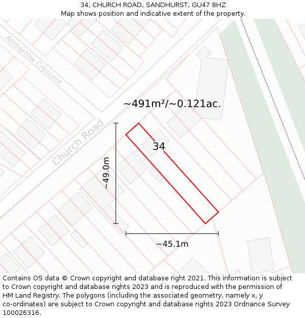 34, CHURCH ROAD, SANDHURST, GU47 8HZ: Plot and title map