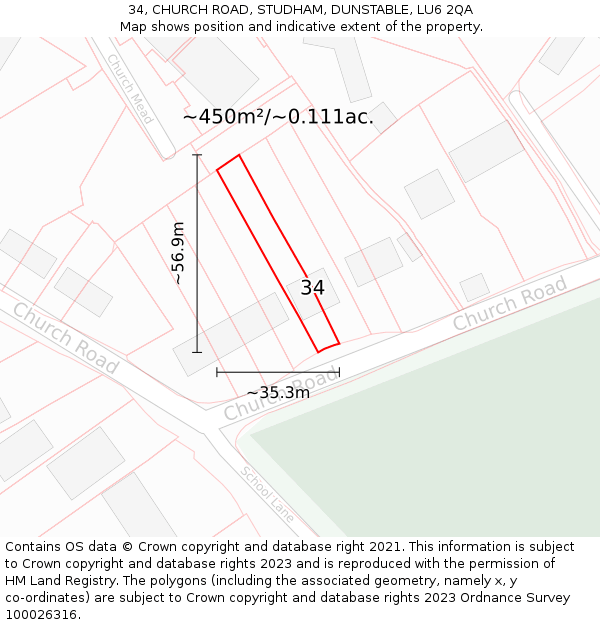 34, CHURCH ROAD, STUDHAM, DUNSTABLE, LU6 2QA: Plot and title map