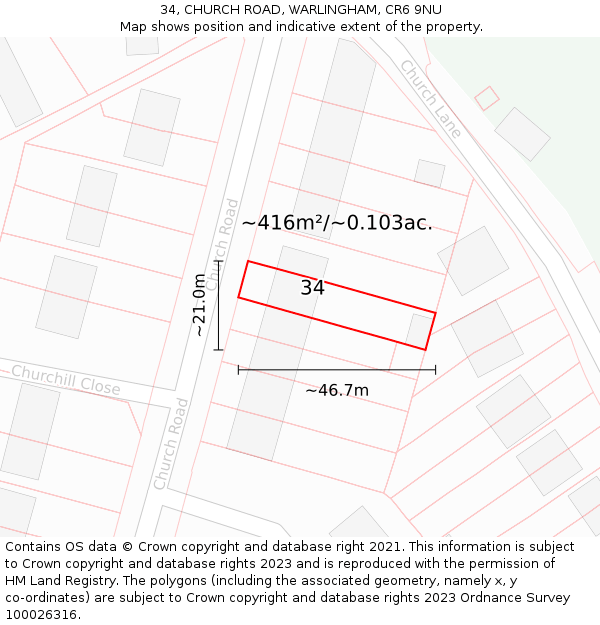 34, CHURCH ROAD, WARLINGHAM, CR6 9NU: Plot and title map