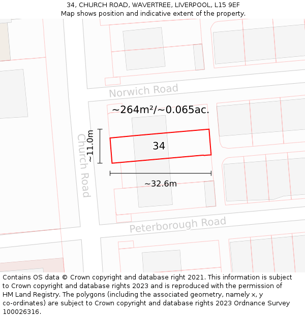 34, CHURCH ROAD, WAVERTREE, LIVERPOOL, L15 9EF: Plot and title map
