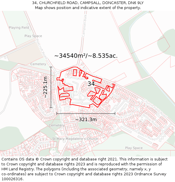 34, CHURCHFIELD ROAD, CAMPSALL, DONCASTER, DN6 9LY: Plot and title map