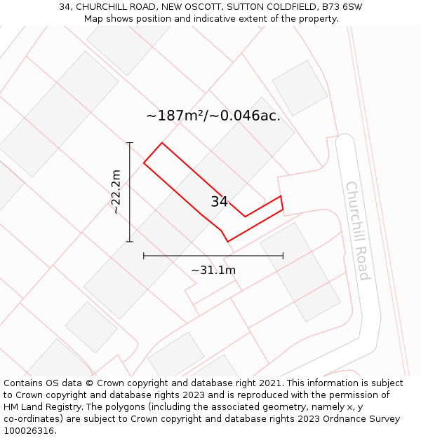 34, CHURCHILL ROAD, NEW OSCOTT, SUTTON COLDFIELD, B73 6SW: Plot and title map