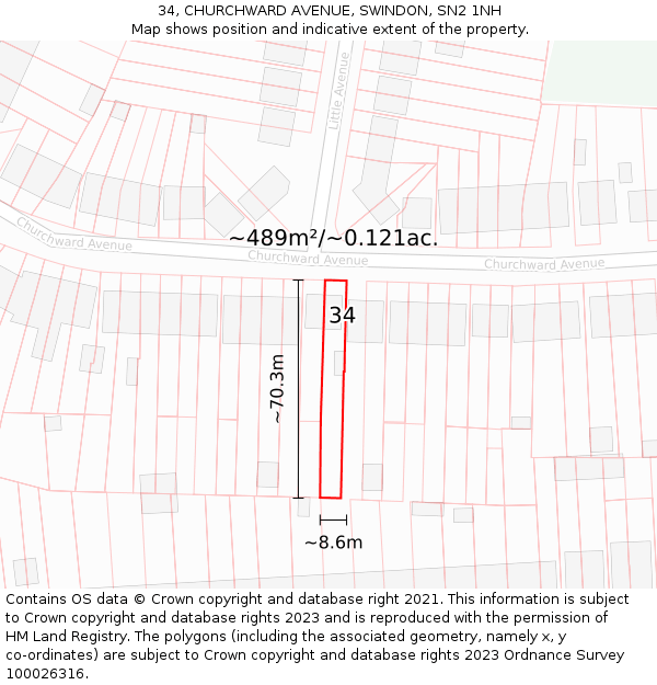 34, CHURCHWARD AVENUE, SWINDON, SN2 1NH: Plot and title map
