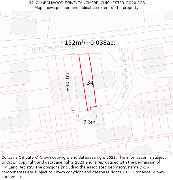 34, CHURCHWOOD DRIVE, TANGMERE, CHICHESTER, PO20 2GS: Plot and title map