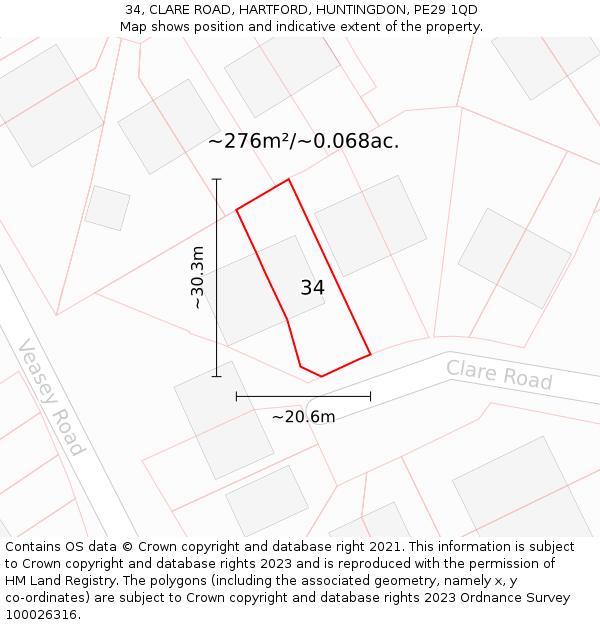 34, CLARE ROAD, HARTFORD, HUNTINGDON, PE29 1QD: Plot and title map