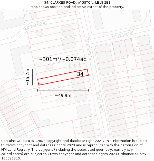 34, CLARKES ROAD, WIGSTON, LE18 2BE: Plot and title map