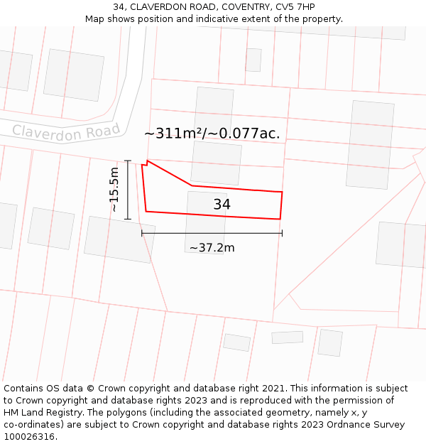 34, CLAVERDON ROAD, COVENTRY, CV5 7HP: Plot and title map