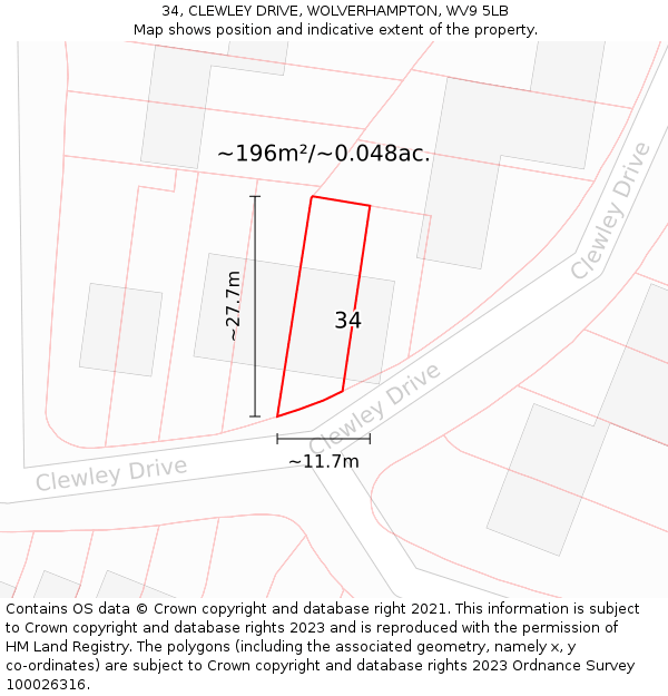 34, CLEWLEY DRIVE, WOLVERHAMPTON, WV9 5LB: Plot and title map