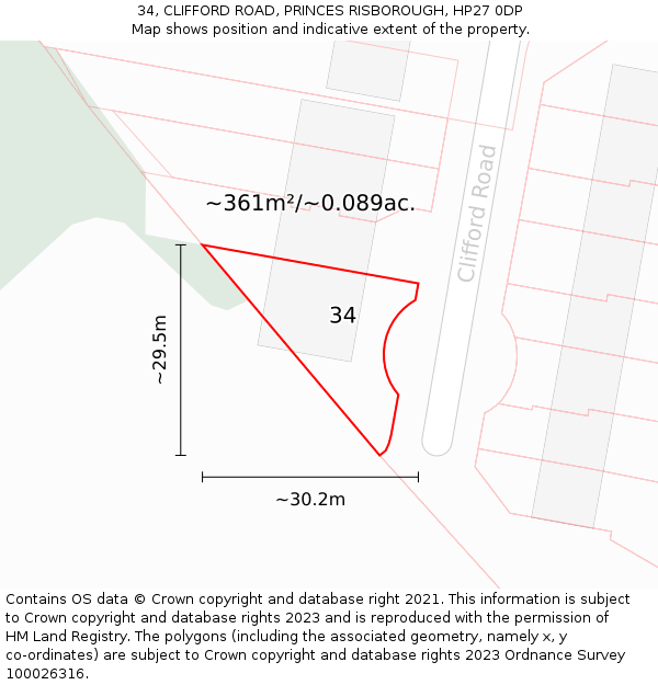 34, CLIFFORD ROAD, PRINCES RISBOROUGH, HP27 0DP: Plot and title map