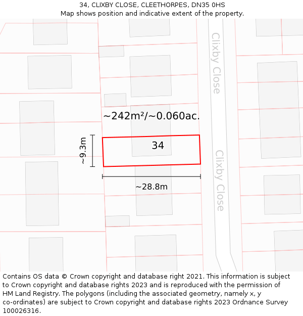 34, CLIXBY CLOSE, CLEETHORPES, DN35 0HS: Plot and title map