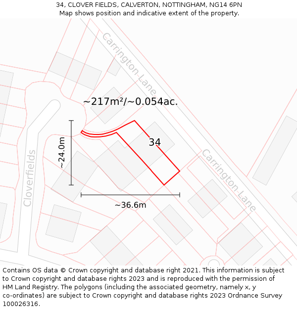 34, CLOVER FIELDS, CALVERTON, NOTTINGHAM, NG14 6PN: Plot and title map