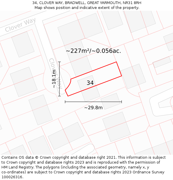34, CLOVER WAY, BRADWELL, GREAT YARMOUTH, NR31 8RH: Plot and title map