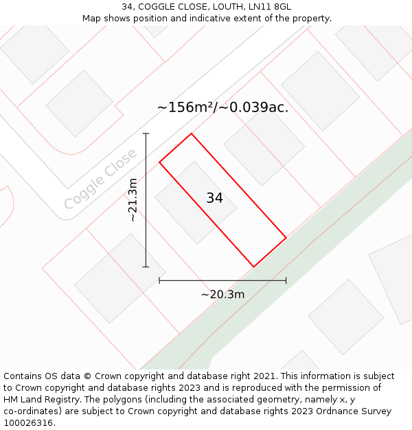 34, COGGLE CLOSE, LOUTH, LN11 8GL: Plot and title map