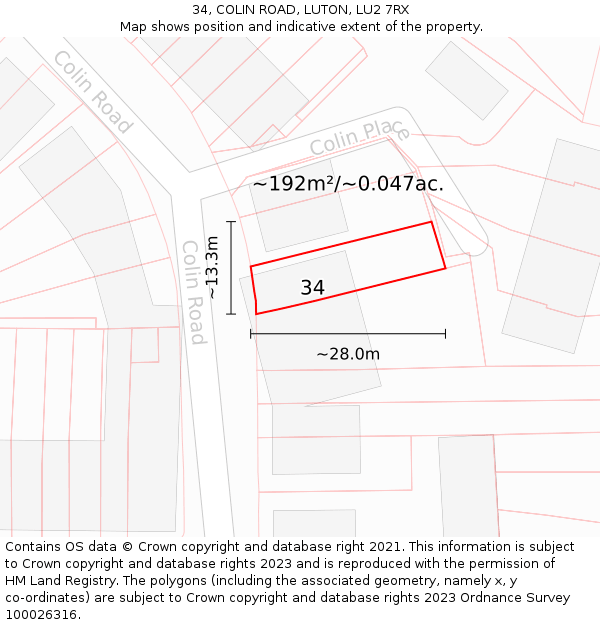 34, COLIN ROAD, LUTON, LU2 7RX: Plot and title map