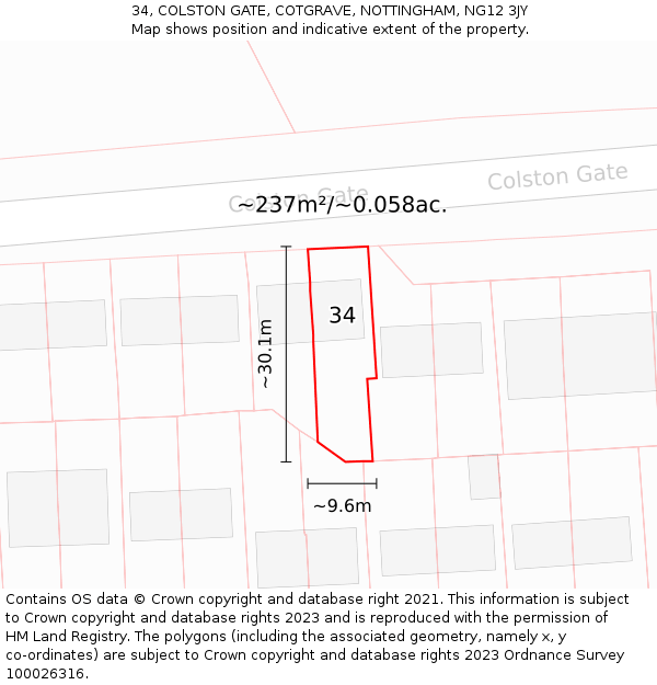 34, COLSTON GATE, COTGRAVE, NOTTINGHAM, NG12 3JY: Plot and title map