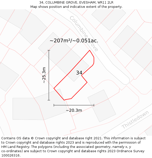34, COLUMBINE GROVE, EVESHAM, WR11 2LR: Plot and title map