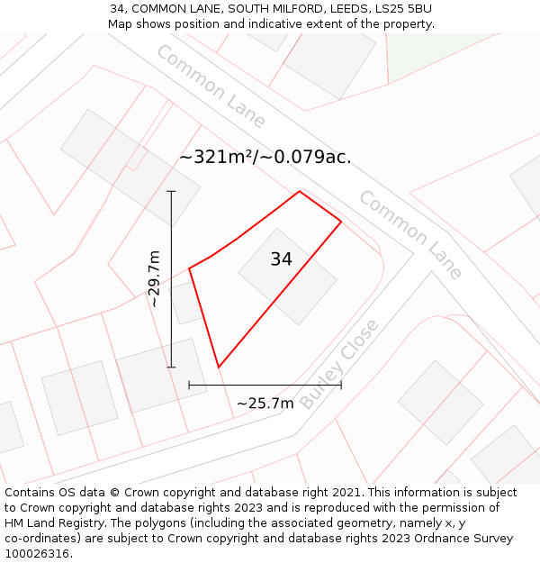 34, COMMON LANE, SOUTH MILFORD, LEEDS, LS25 5BU: Plot and title map