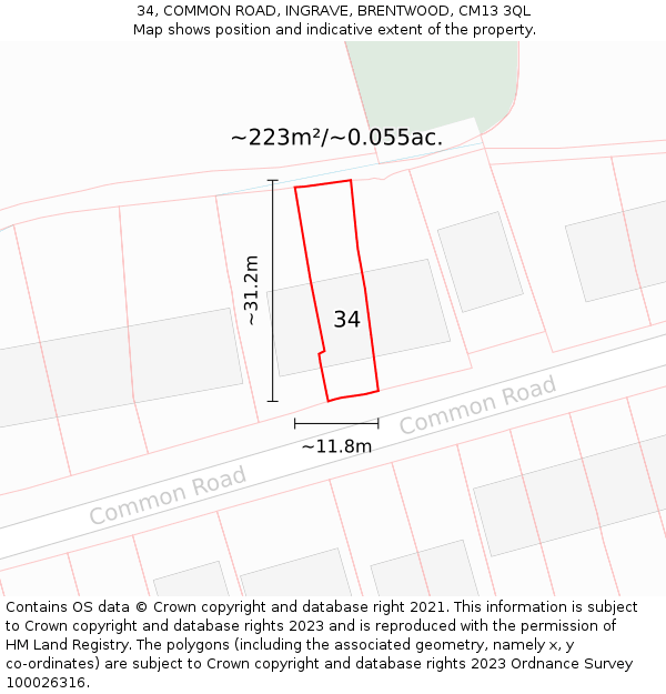34, COMMON ROAD, INGRAVE, BRENTWOOD, CM13 3QL: Plot and title map