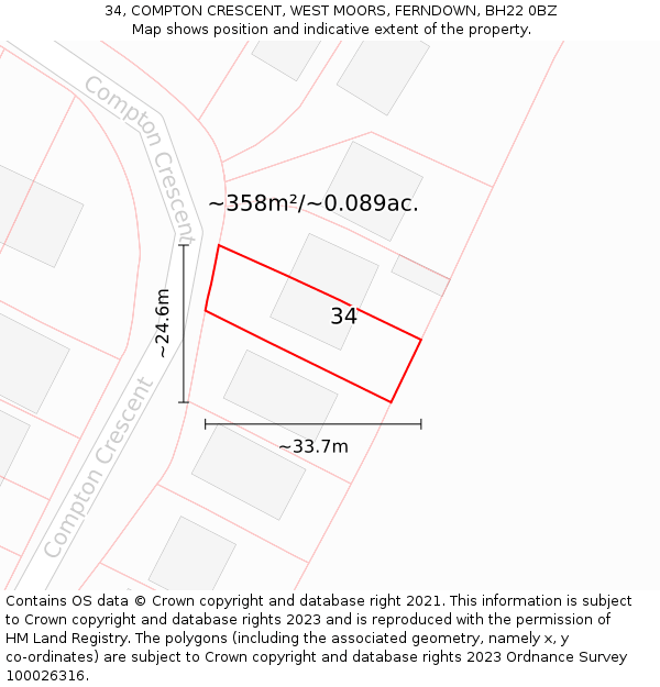34, COMPTON CRESCENT, WEST MOORS, FERNDOWN, BH22 0BZ: Plot and title map
