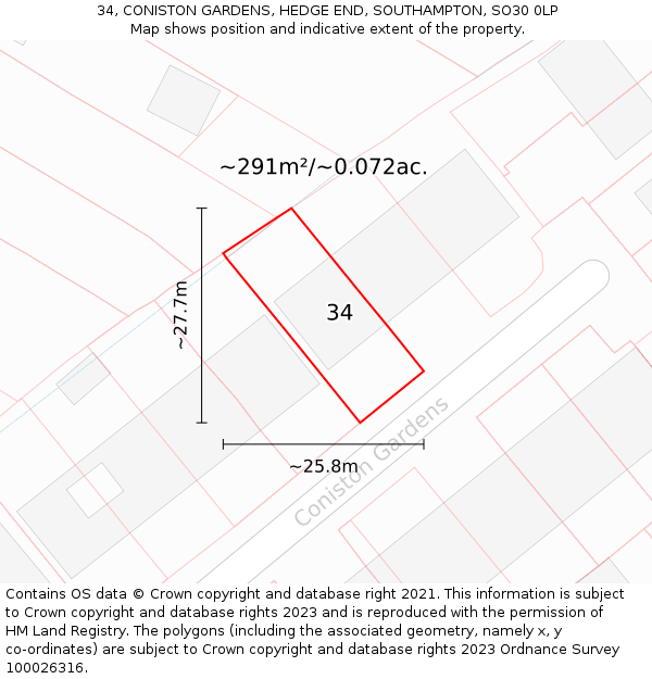 34, CONISTON GARDENS, HEDGE END, SOUTHAMPTON, SO30 0LP: Plot and title map