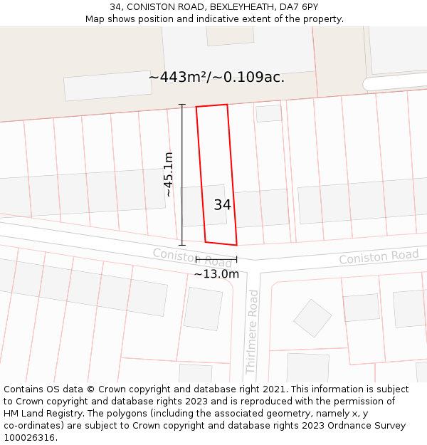 34, CONISTON ROAD, BEXLEYHEATH, DA7 6PY: Plot and title map