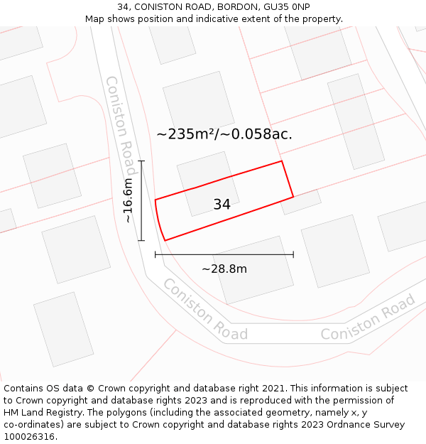 34, CONISTON ROAD, BORDON, GU35 0NP: Plot and title map