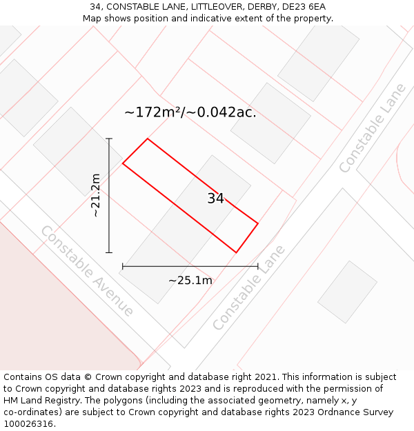 34, CONSTABLE LANE, LITTLEOVER, DERBY, DE23 6EA: Plot and title map