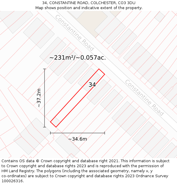 34, CONSTANTINE ROAD, COLCHESTER, CO3 3DU: Plot and title map