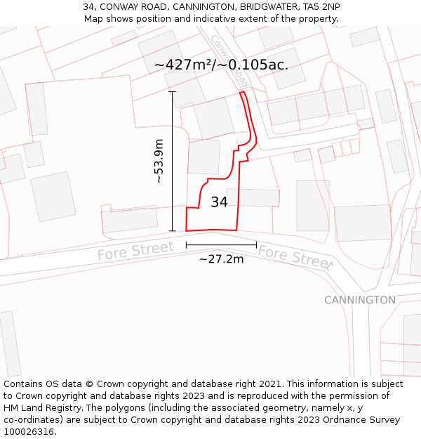 34, CONWAY ROAD, CANNINGTON, BRIDGWATER, TA5 2NP: Plot and title map