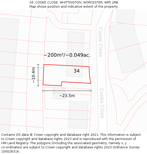 34, COOKE CLOSE, WHITTINGTON, WORCESTER, WR5 2RB: Plot and title map