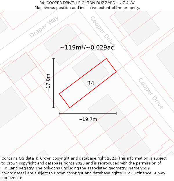 34, COOPER DRIVE, LEIGHTON BUZZARD, LU7 4UW: Plot and title map