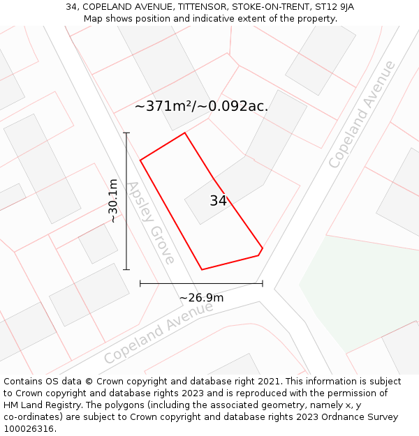 34, COPELAND AVENUE, TITTENSOR, STOKE-ON-TRENT, ST12 9JA: Plot and title map