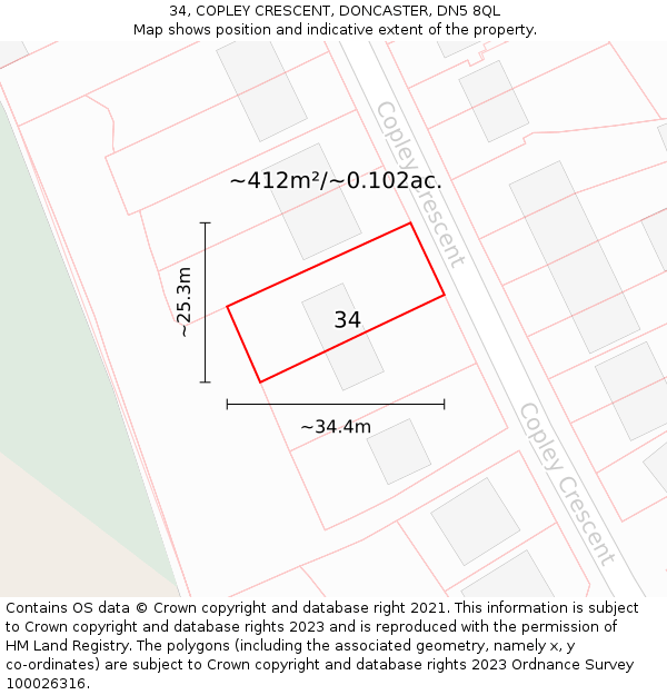 34, COPLEY CRESCENT, DONCASTER, DN5 8QL: Plot and title map