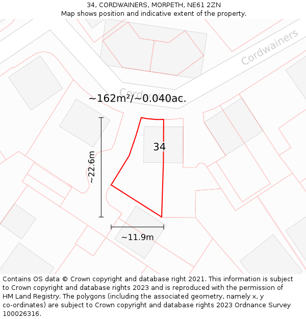 34, CORDWAINERS, MORPETH, NE61 2ZN: Plot and title map