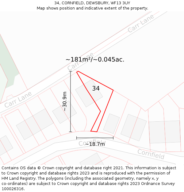 34, CORNFIELD, DEWSBURY, WF13 3UY: Plot and title map