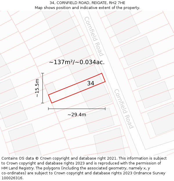 34, CORNFIELD ROAD, REIGATE, RH2 7HE: Plot and title map