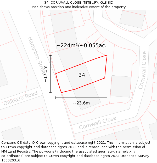 34, CORNWALL CLOSE, TETBURY, GL8 8JD: Plot and title map