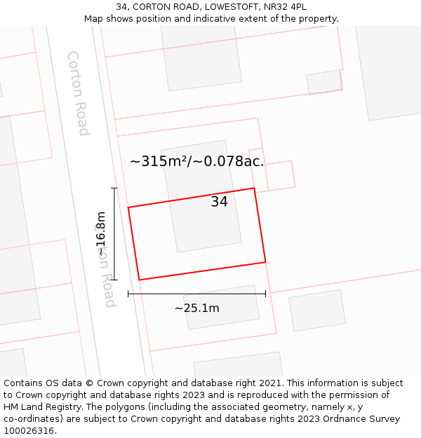 34, CORTON ROAD, LOWESTOFT, NR32 4PL: Plot and title map